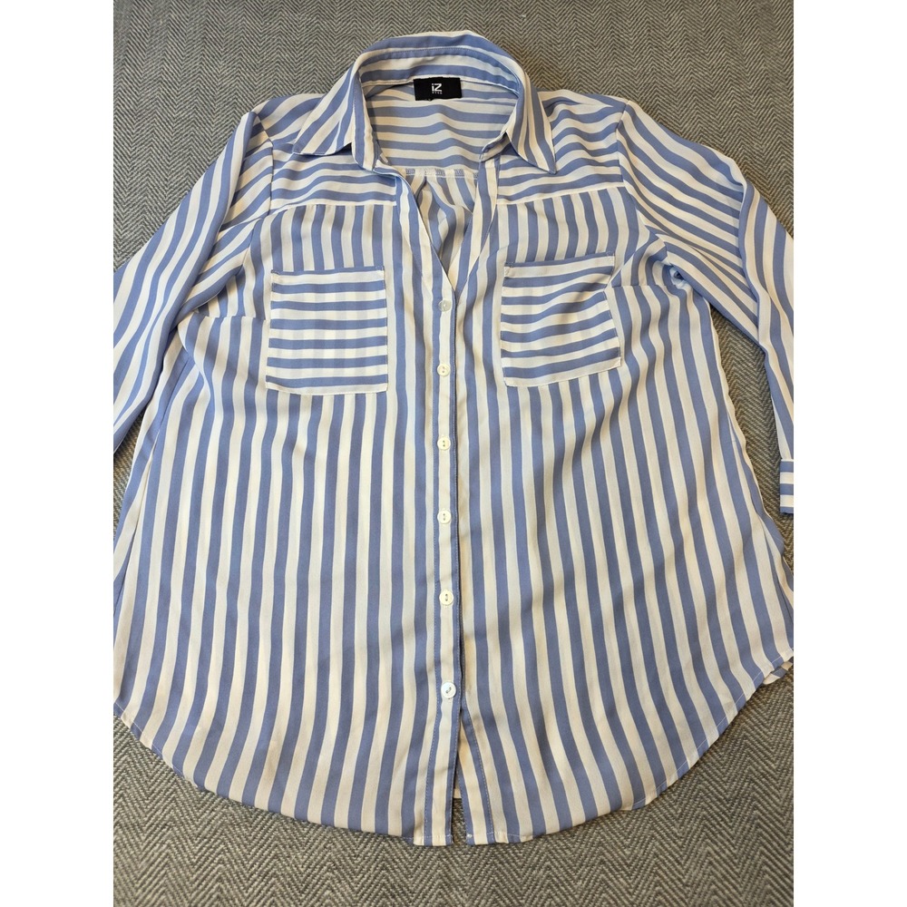 IZ Byer Shirt Women's Blue White Striped Pockets 3/4 Sleeve Collared Button Up